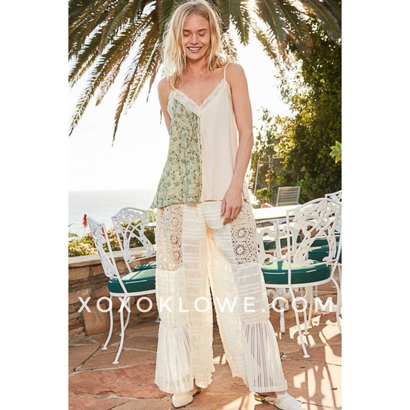 POL Cream Crochet Patch Pleated Ruffled Flowy Wide Leg Pants - Picture 6 of 16